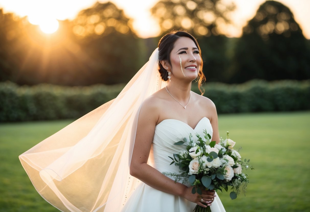 A bride stands in a white gown, tears streaming down her face as she clutches a bouquet of flowers. The sun sets behind her, casting a warm glow over the scene