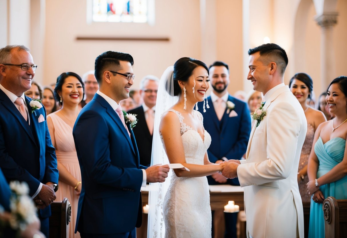 A bride standing at the altar, surrounded by loved ones, tears of joy streaming down her face as she exchanges vows with her partner