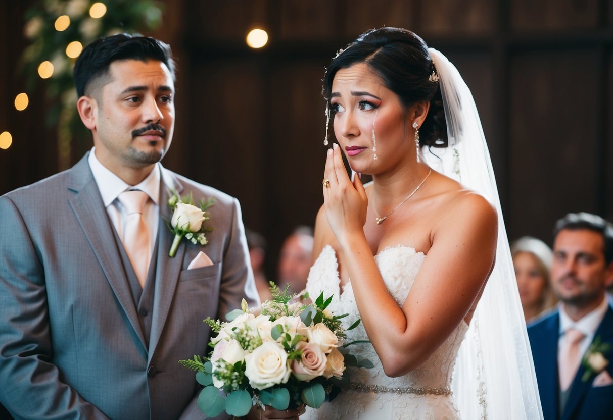 A bride standing at the altar, tears streaming down her face as she clutches a bouquet of flowers. The groom looks on with a mixture of concern and tenderness