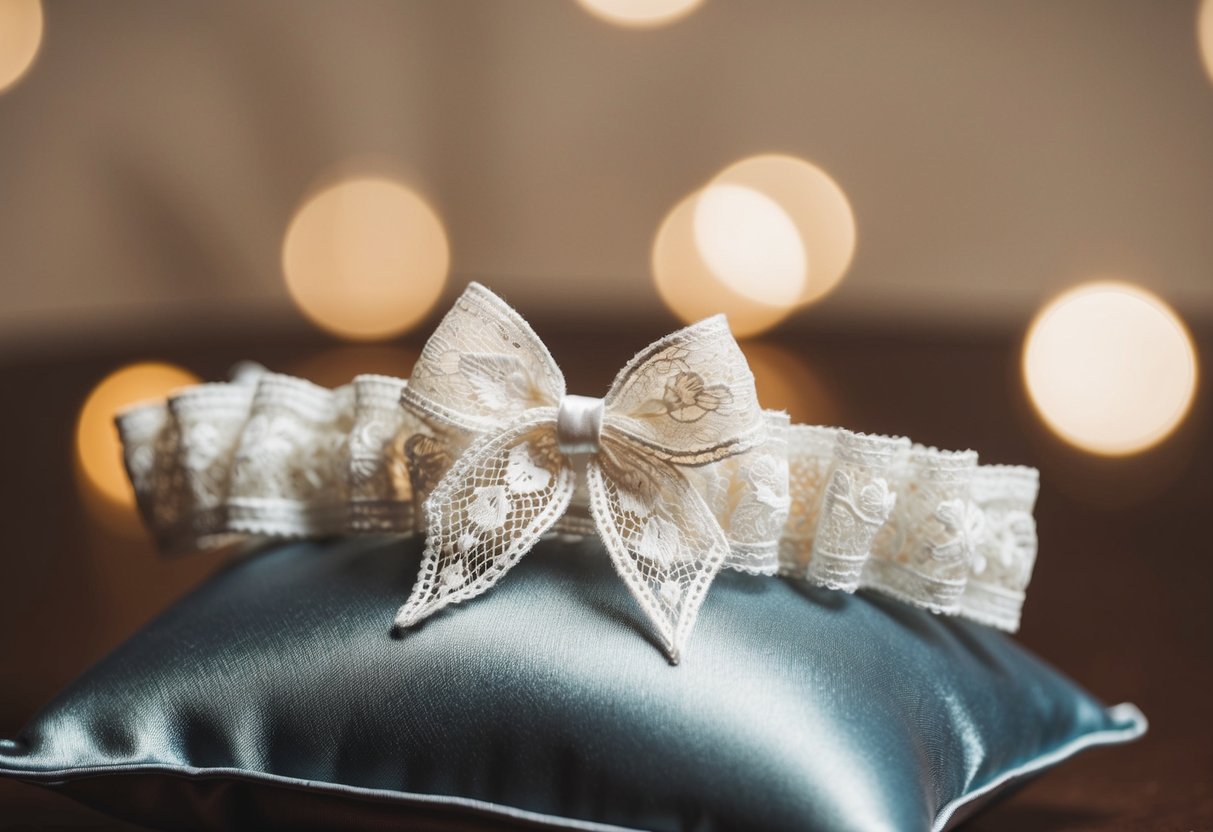 A lace garter with a delicate bow, resting on a silk pillow