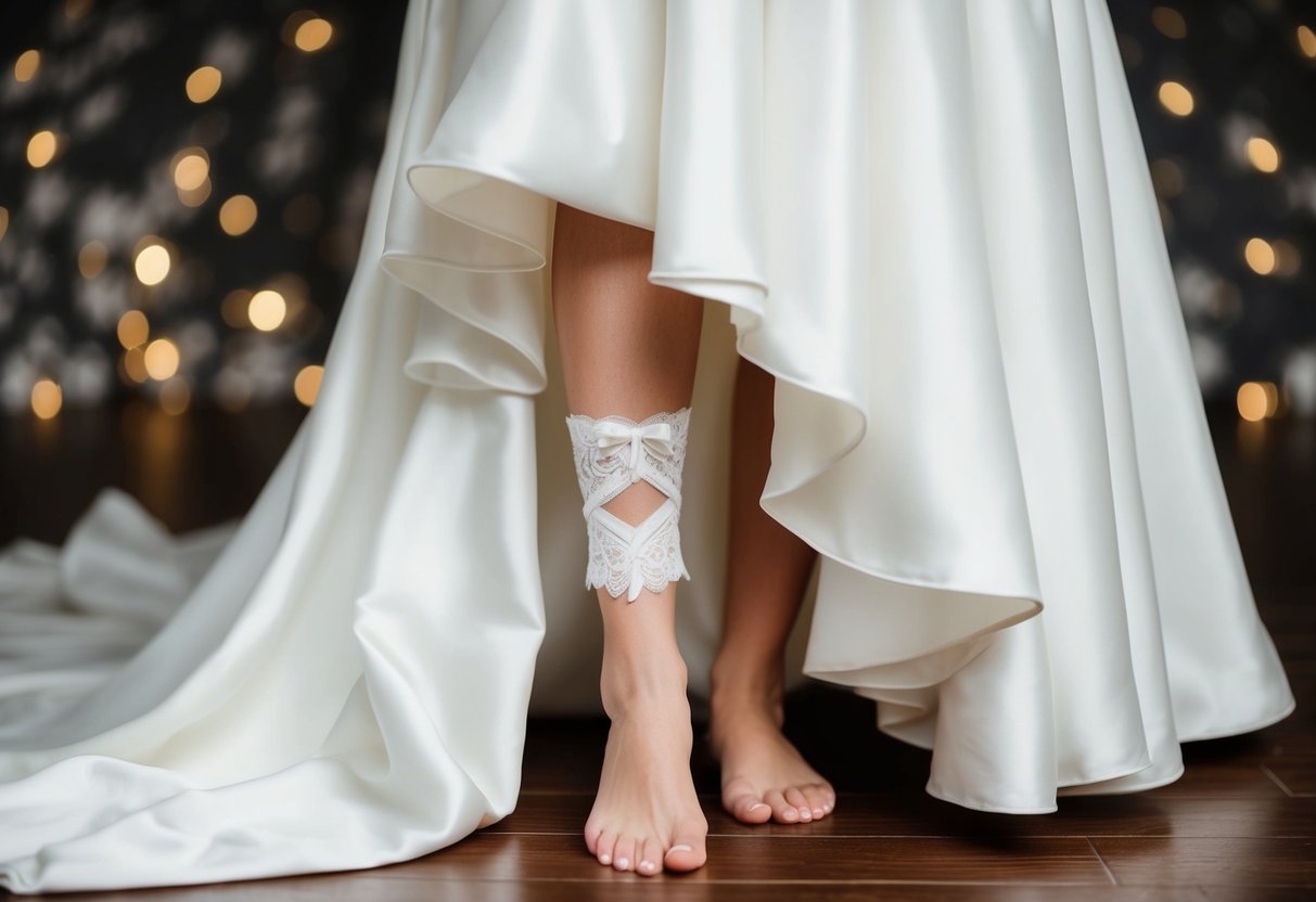 A bride's leg with a garter peeking out from under a flowing wedding dress