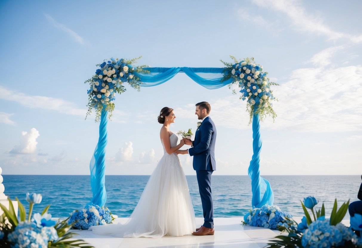 A serene blue ocean backdrop with a couple exchanging vows under a cloudless sky, surrounded by delicate blue flowers and shimmering blue accents