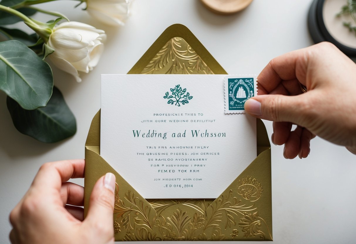 A beautifully designed wedding announcement card being placed in a decorative envelope with a stamp being affixed in the corner