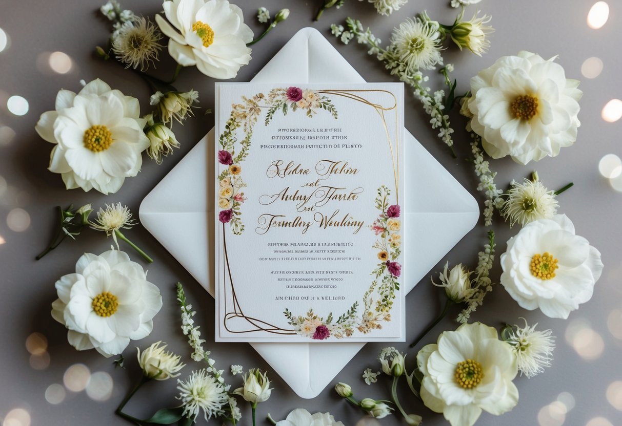 A beautifully decorated wedding invitation surrounded by delicate flowers and elegant calligraphy