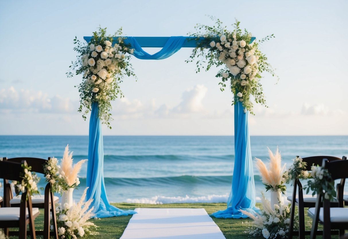 A serene blue wedding arch adorned with delicate flowers and flowing fabric, set against a backdrop of calm ocean waves