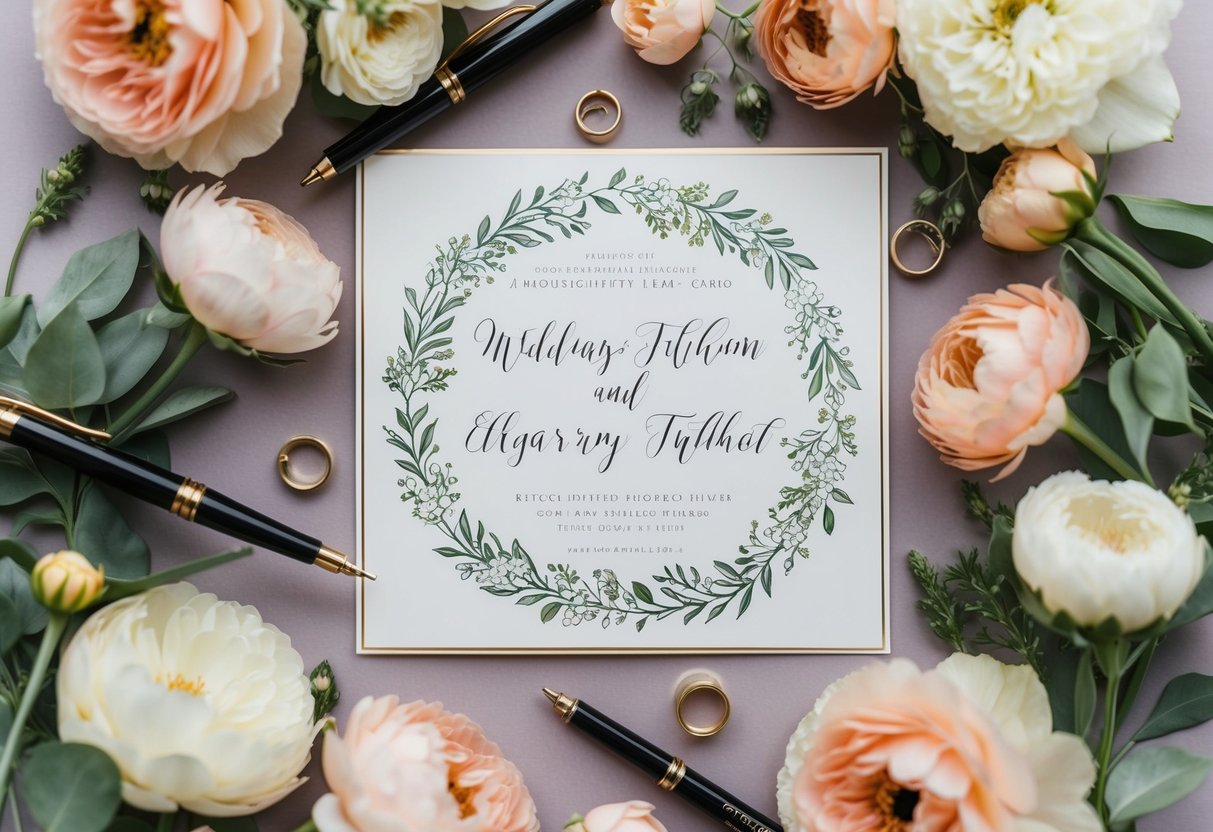 A beautifully designed wedding announcement card surrounded by flowers and elegant calligraphy pens