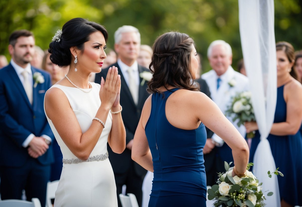 A woman in a formal dress looks disapprovingly at another woman wearing leggings at a wedding ceremony