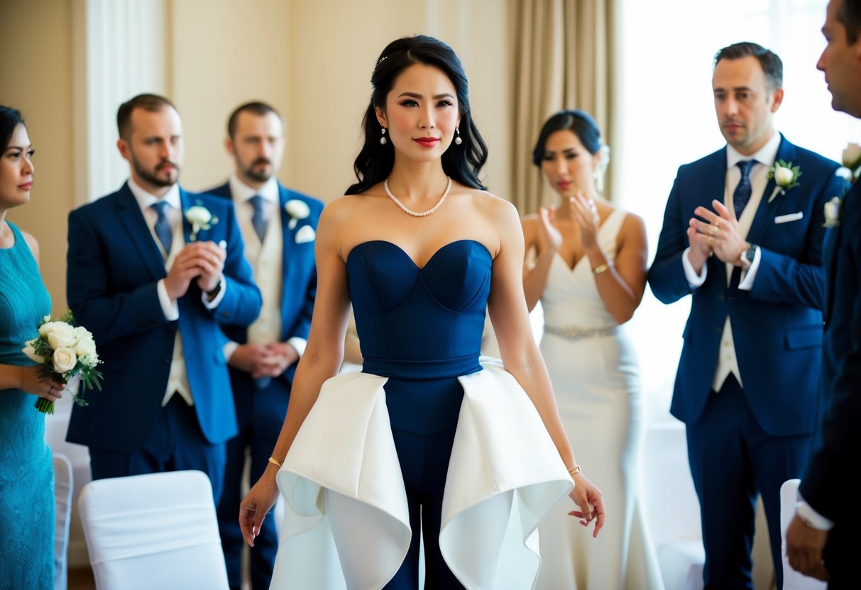 A woman in a formal wedding setting, wearing leggings under a dress, surrounded by disapproving glances from other guests