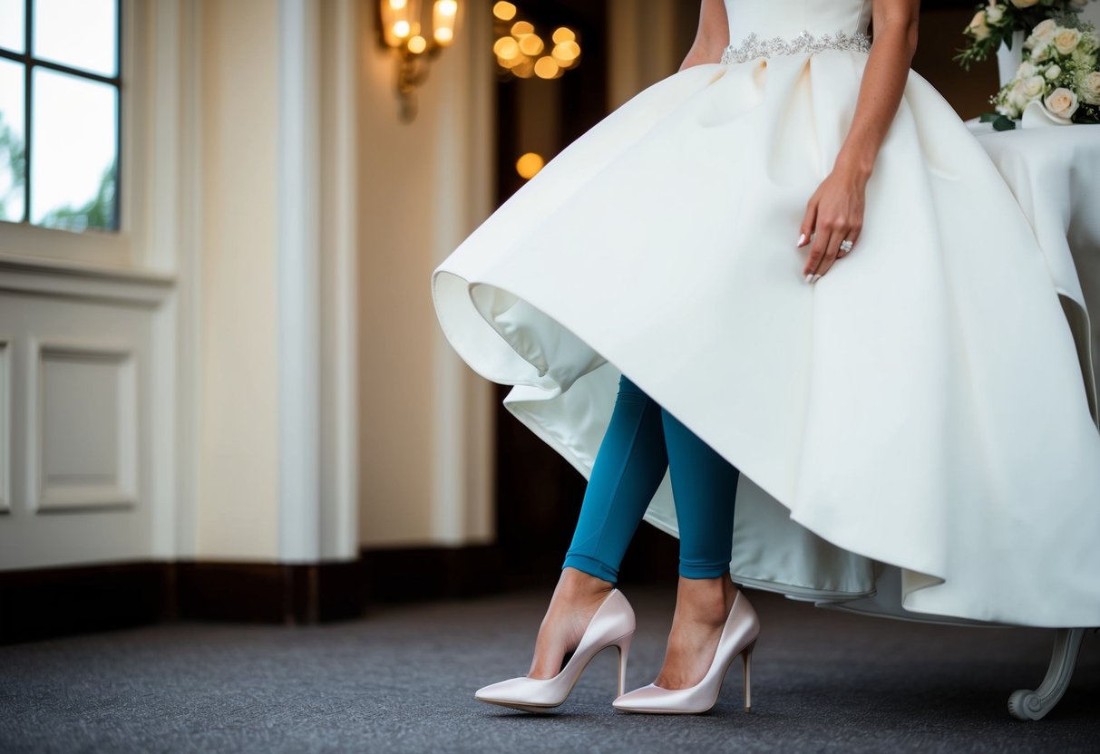 A woman in a formal wedding setting wearing a beautiful dress and elegant heels, with a pair of leggings peeking out from underneath