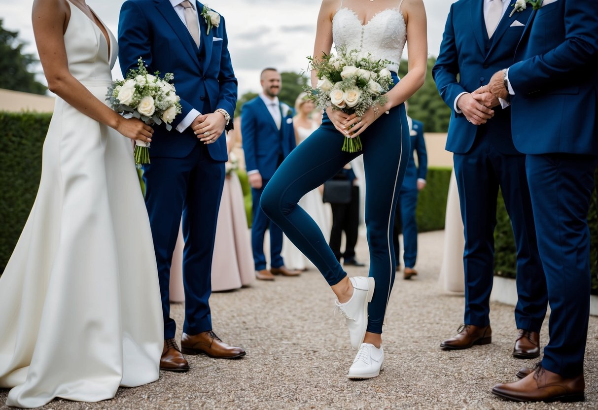 A stylish wedding scene with guests in formal attire, one person wearing elegant leggings as alternative wedding attire