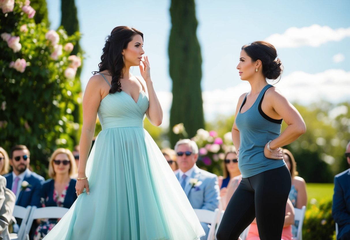 A woman in a flowy dress and heels glances disapprovingly at another woman in leggings and a tank top at an outdoor wedding. The sun shines brightly, and flowers bloom in the background