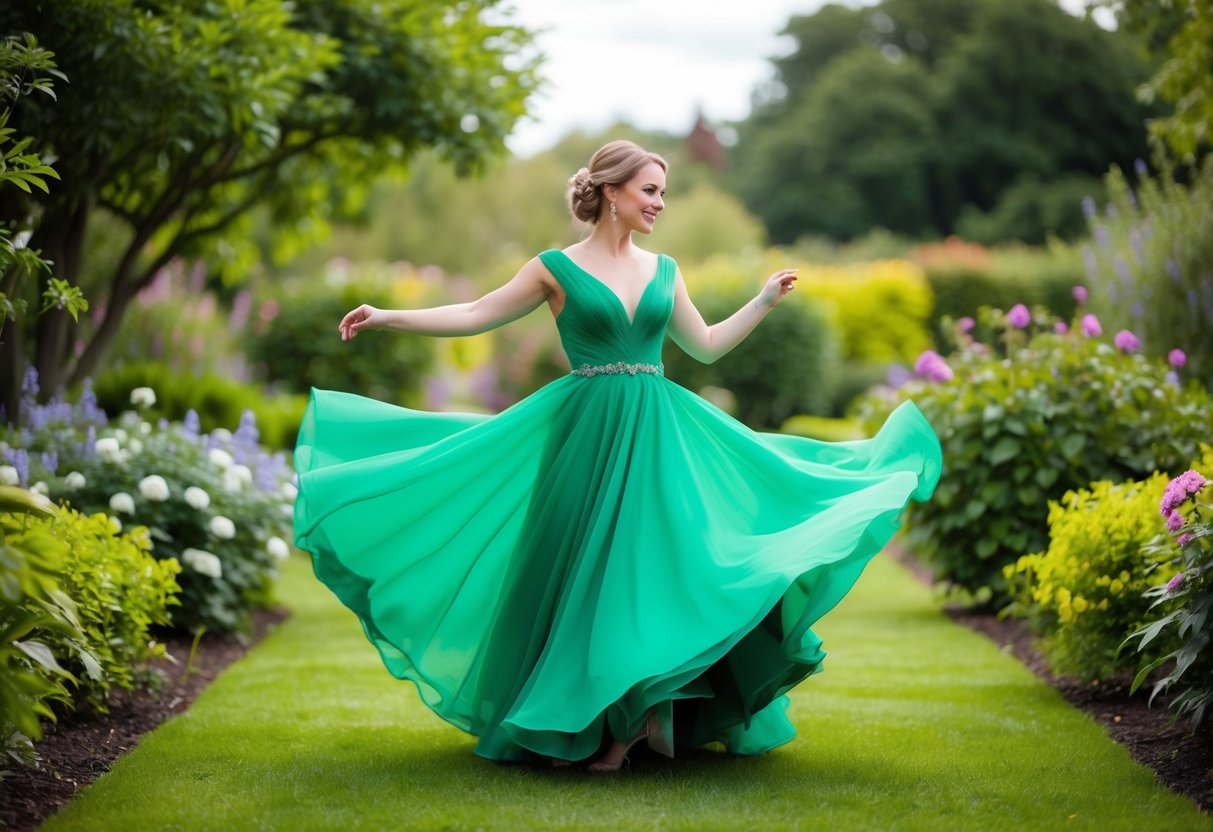 A bride in a flowing green dress dances in a garden, surrounded by lush foliage and blooming flowers
