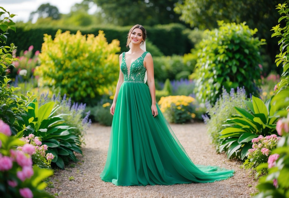 A bride in a flowing green wedding dress stands in a lush garden surrounded by vibrant foliage and blooming flowers, symbolizing growth, nature, and harmony