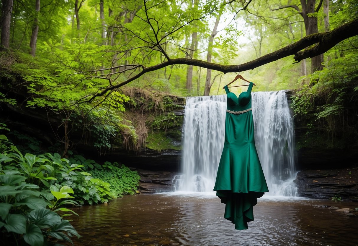 A lush forest clearing with a cascading waterfall, where a green wedding dress hangs from a tree branch, surrounded by various shades of green foliage