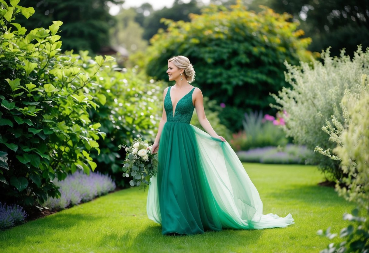 A bride in a flowing green gown stands amidst a lush garden, surrounded by verdant foliage and delicate greenery