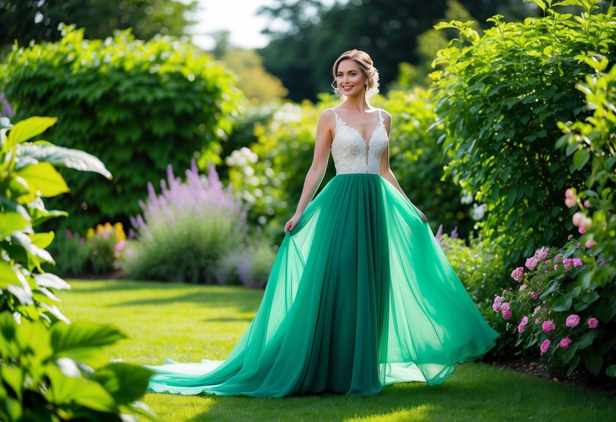 A bride stands in a lush green garden, wearing a flowing emerald wedding dress. She is surrounded by vibrant foliage and blooming flowers, radiating a sense of renewal and growth