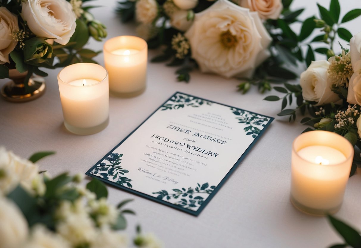 A beautifully decorated wedding invitation lying on a table, surrounded by elegant floral arrangements and soft candlelight