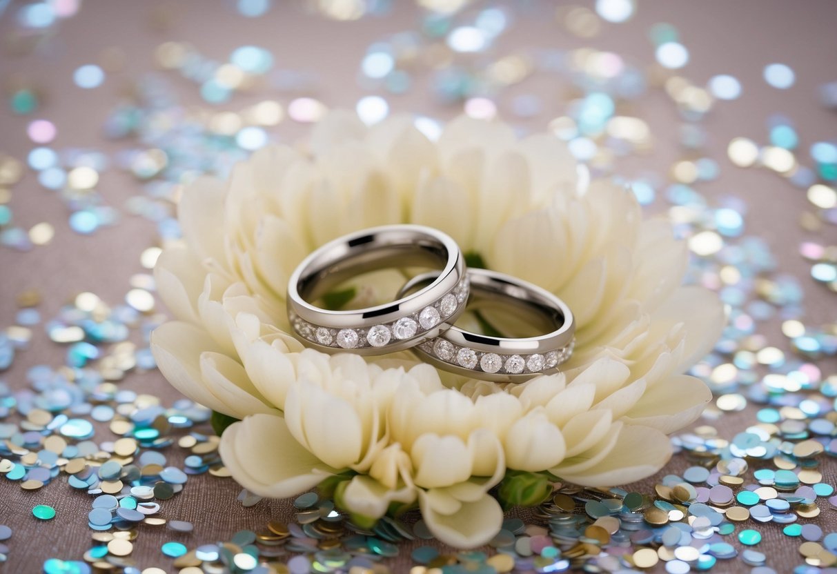 A pair of elegant wedding rings nestled in a bed of soft, delicate flowers, surrounded by a scattering of shimmering confetti