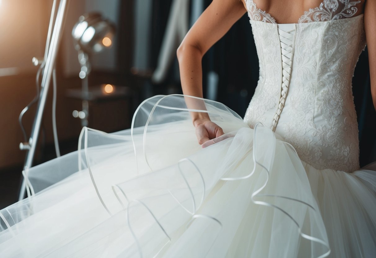 A wedding dress being fitted with layers of tulle and organza to add volume and create a fuller silhouette