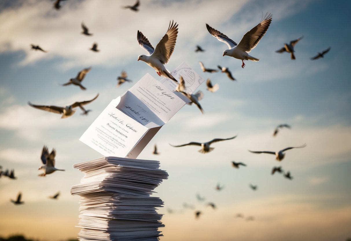 A stack of wedding invitations tossed in the air, with birds flying around carrying the news to various locations