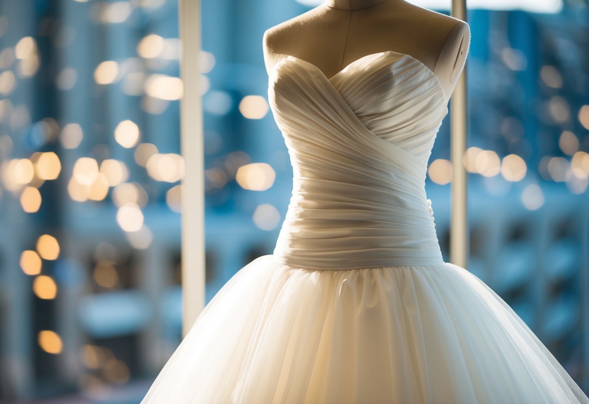 A wedding dress suspended on a mannequin, with layers of tulle and fabric gathered and pinned to create volume