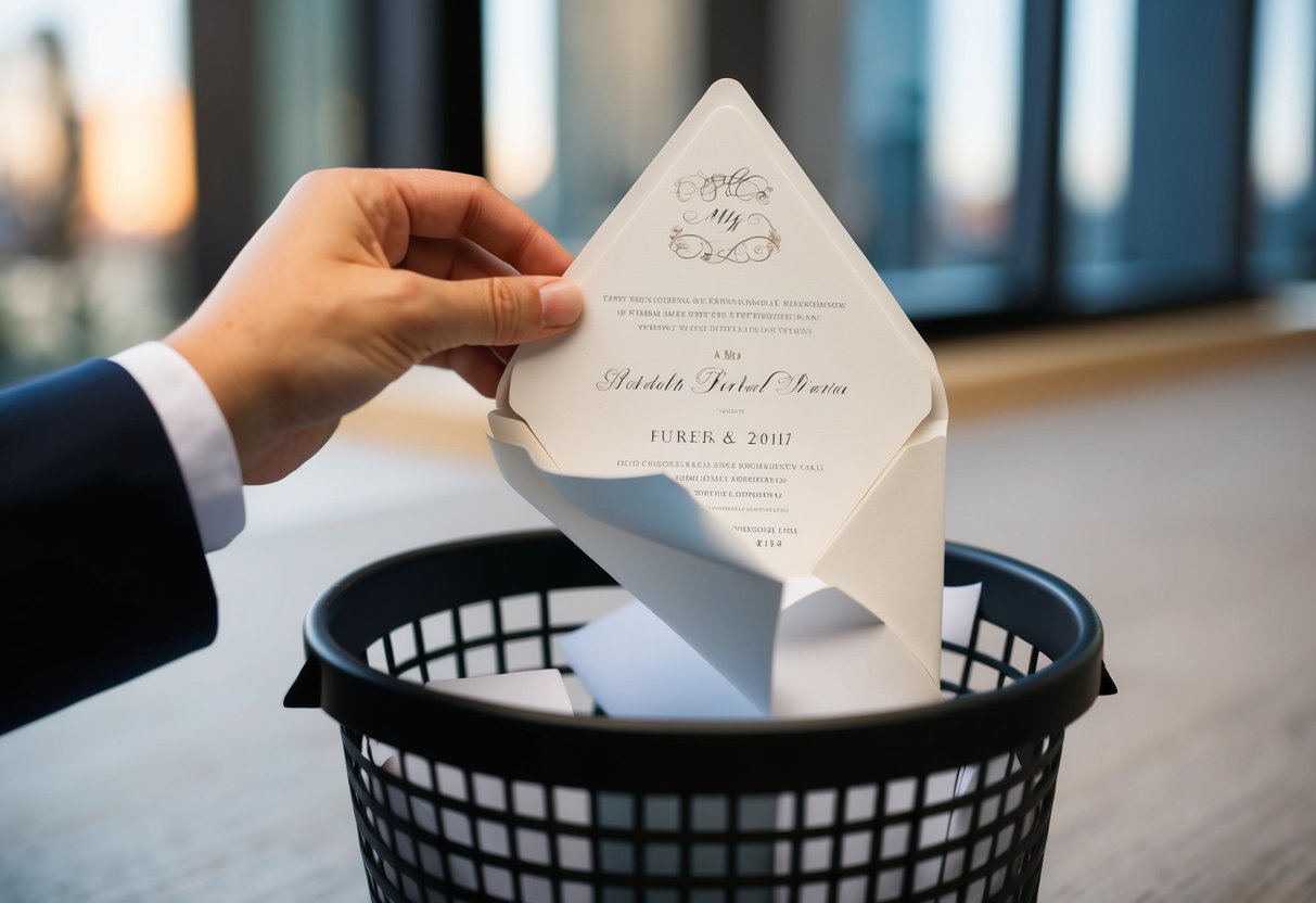 A wedding invitation being torn in half and discarded in a wastebasket