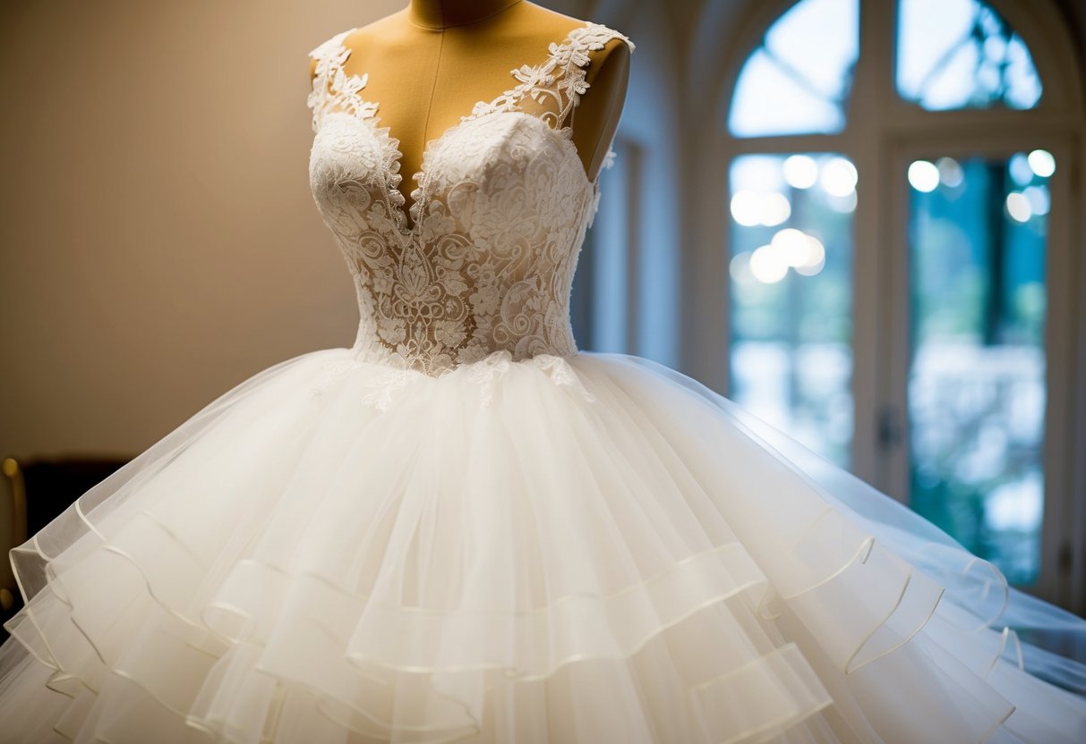 A wedding dress displayed with additional layers of tulle and lace underneath, creating a fuller and more voluminous silhouette