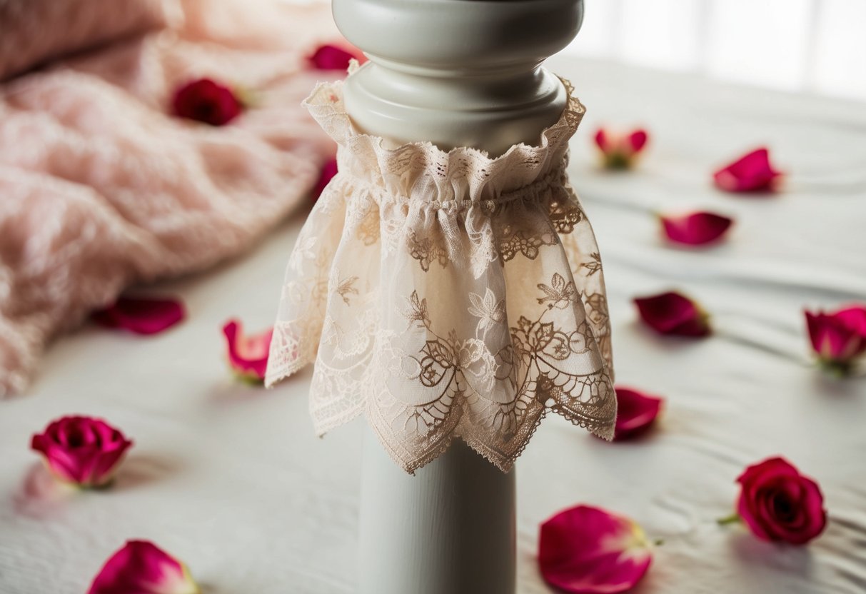 A lace garter draped over a bedpost, surrounded by scattered rose petals and delicate lingerie