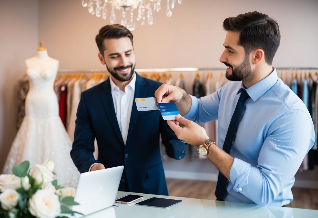 A man hands over a credit card to a salesperson at a bridal boutique