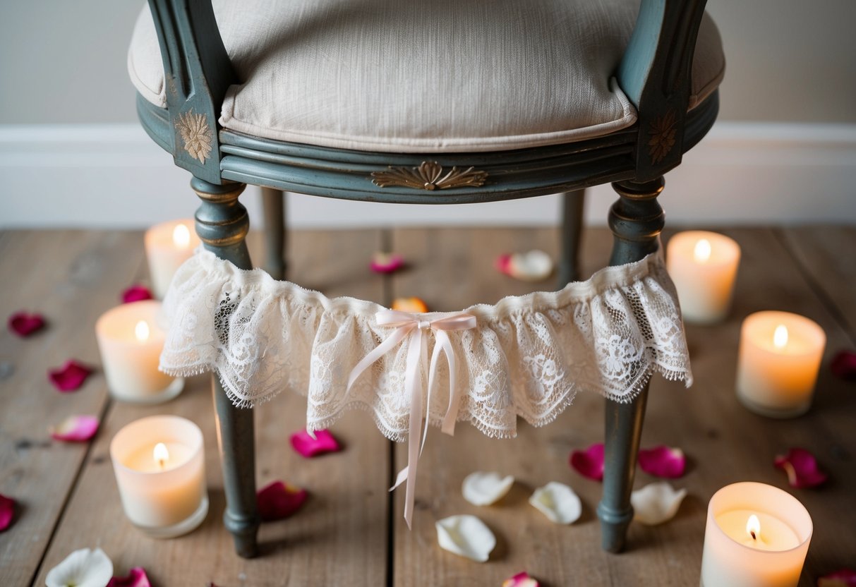 A delicate lace garter draped over a vintage chair, surrounded by scattered rose petals and soft candlelight