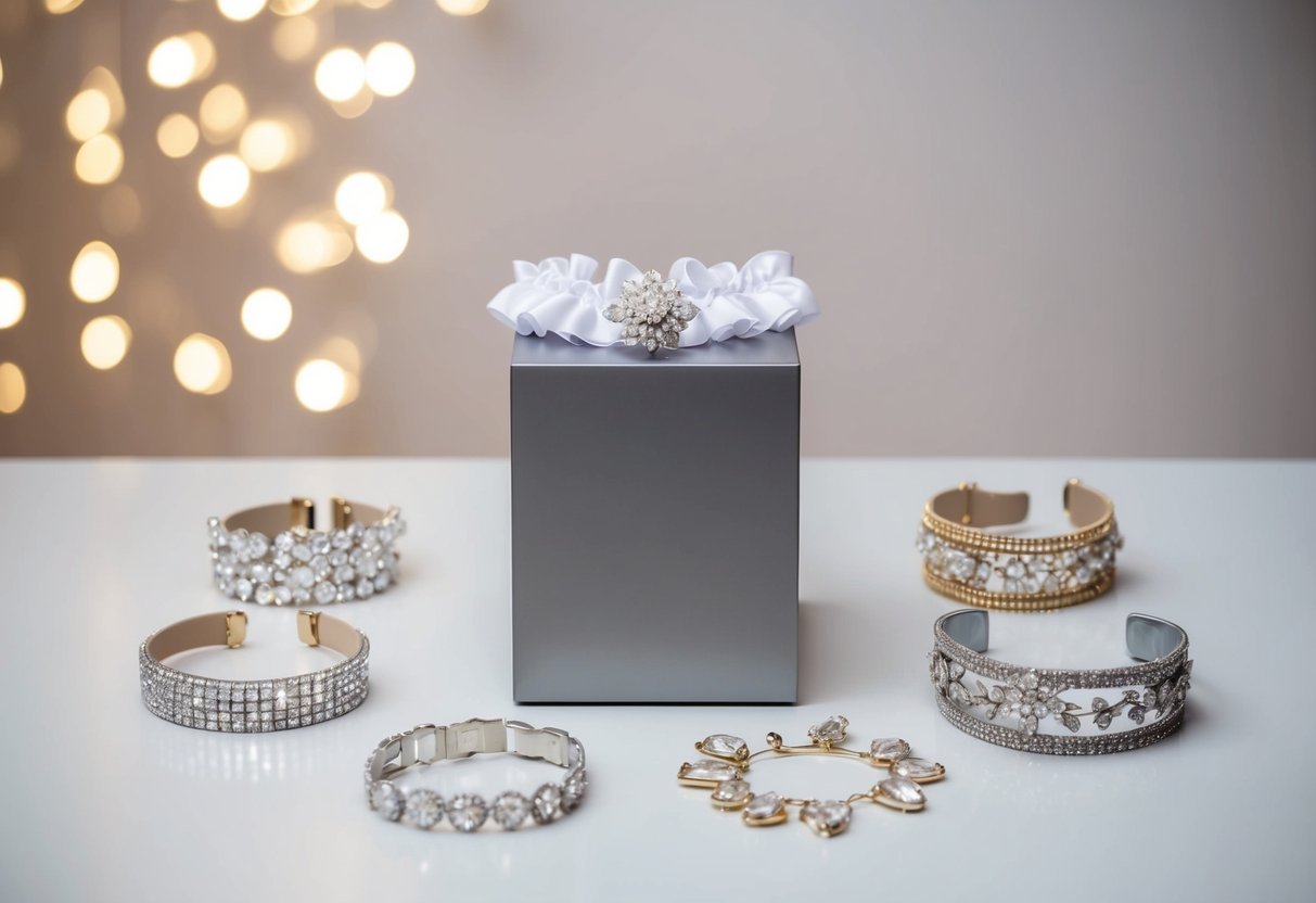 A modern bridal garter displayed on a sleek, minimalist pedestal, surrounded by trendy bridal fashion accessories