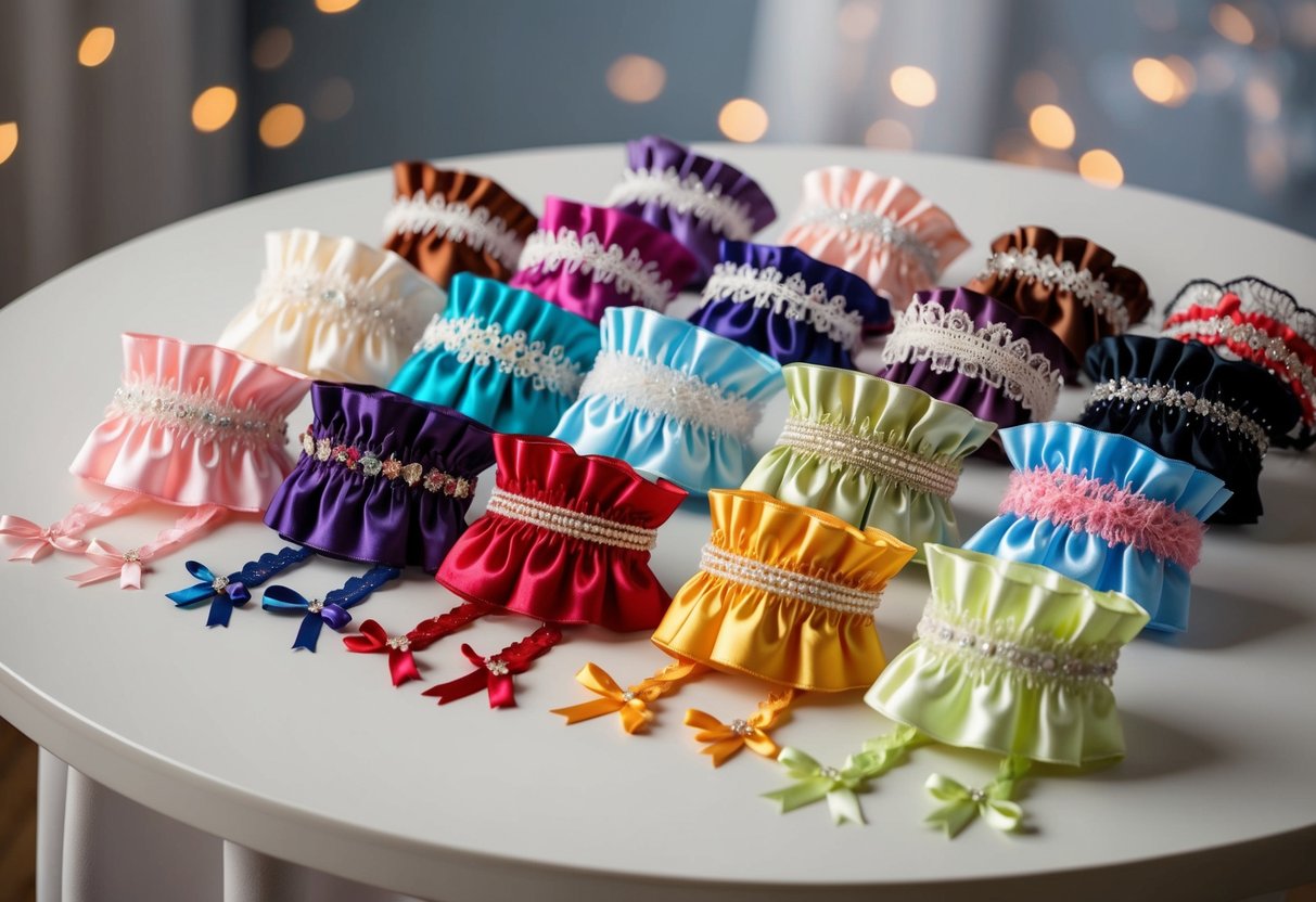 A selection of garters displayed on a table, ranging in styles and colors, with lace, ribbons, and embellishments