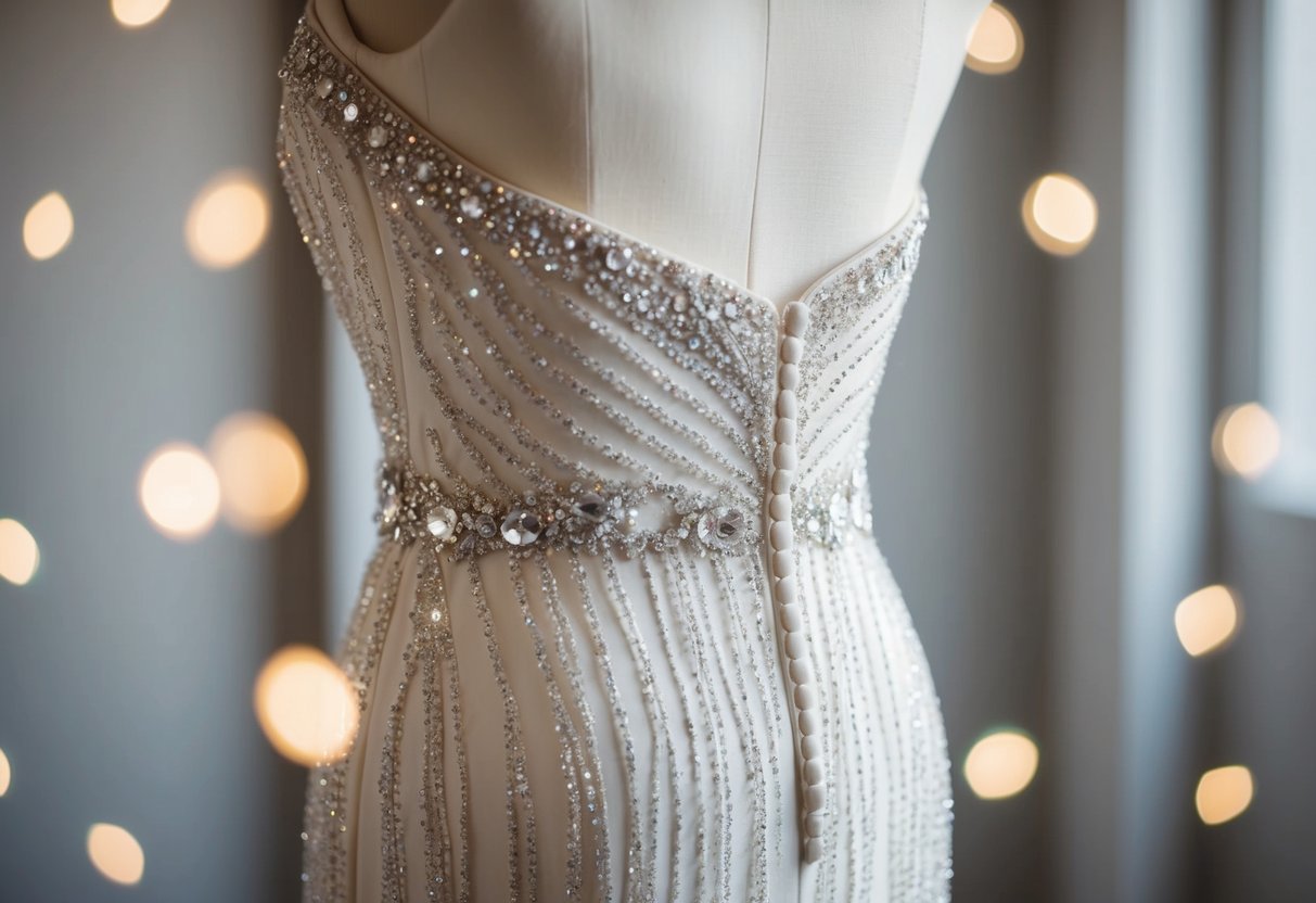 A plain wedding dress adorned with shimmering sequins and delicate crystal embellishments, catching the light and sparkling with every movement