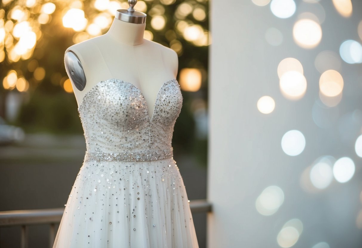 A plain wedding dress adorned with shimmering sequins and sparkling gemstones, catching the light with every movement