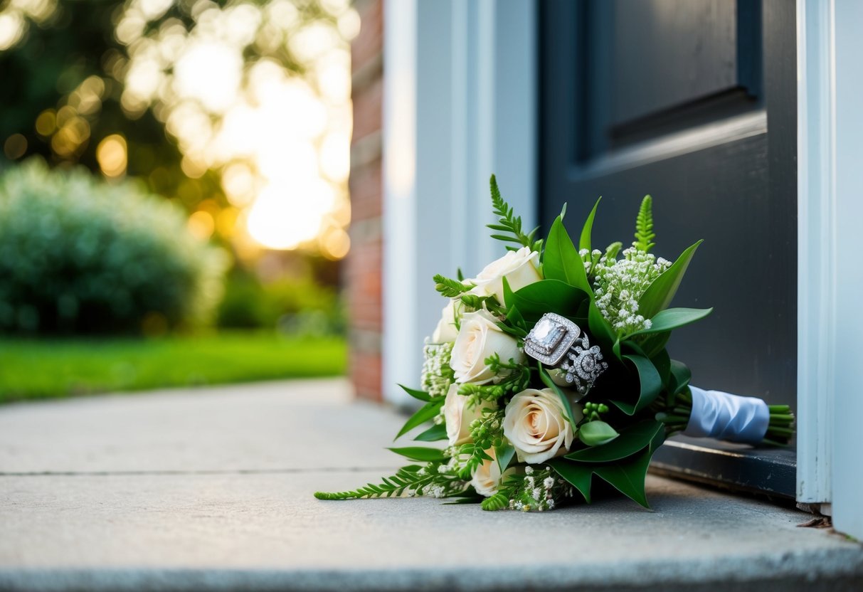 A wedding ring hidden in a bouquet, placed on a doorstep
