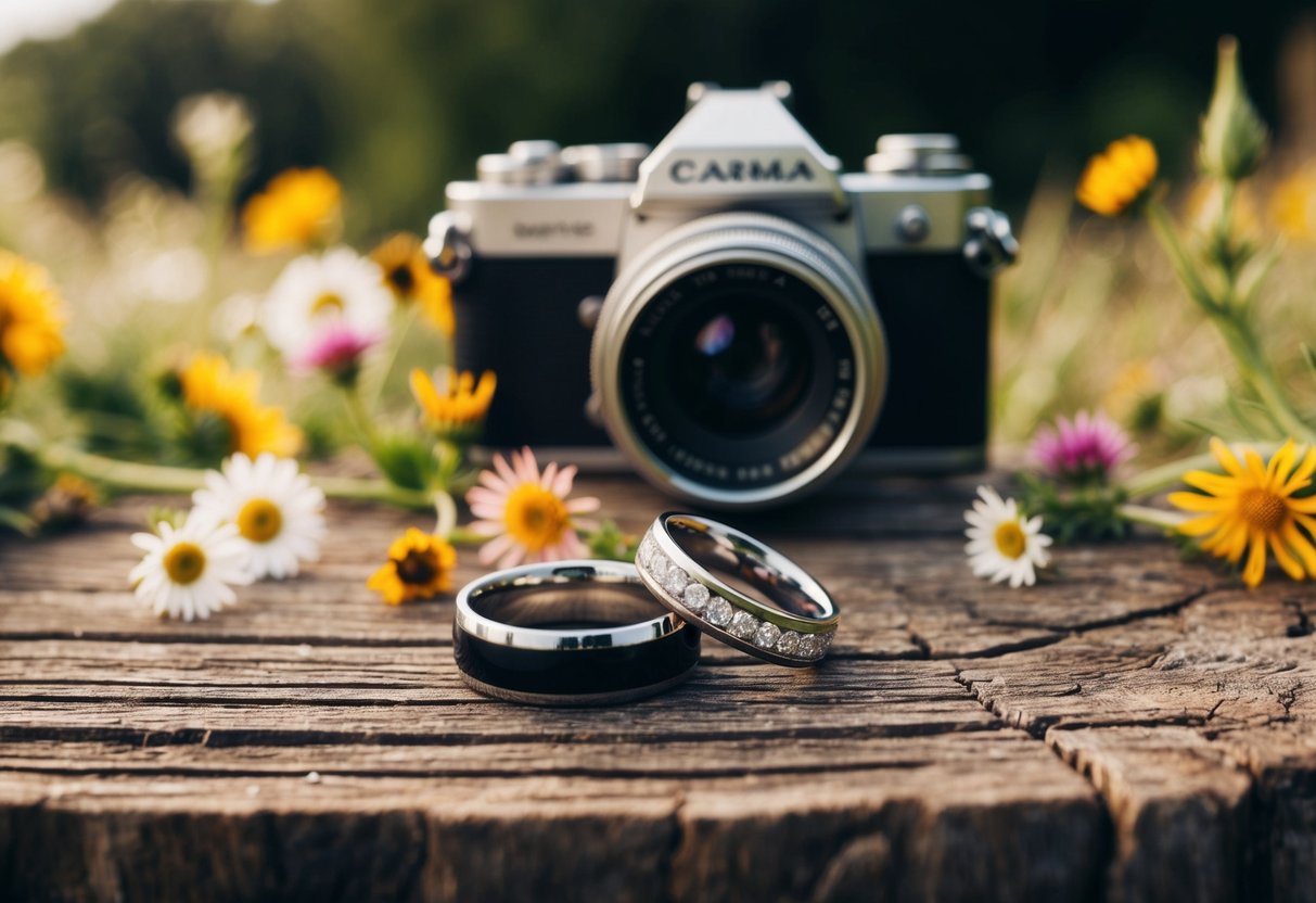 A pair of wedding rings placed on a rustic wooden surface, surrounded by wildflowers and a vintage camera capturing the intimate moment