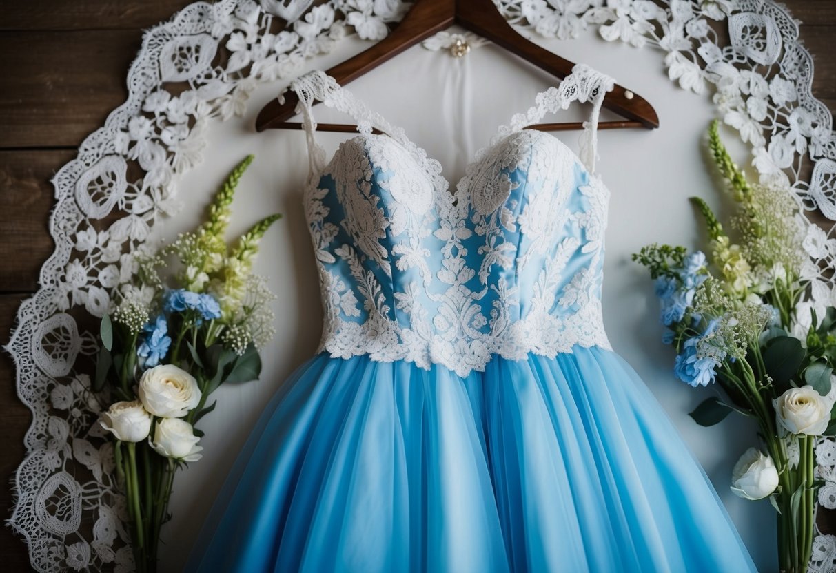 A blue wedding gown hanging on a vintage wooden hanger, surrounded by delicate lace and floral accents