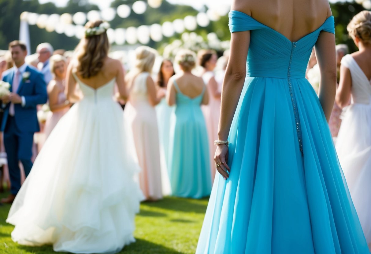 A figure in a blue dress stands out among the sea of white and pastel hues at a wedding, evoking a sense of calm and serenity amidst the festive atmosphere