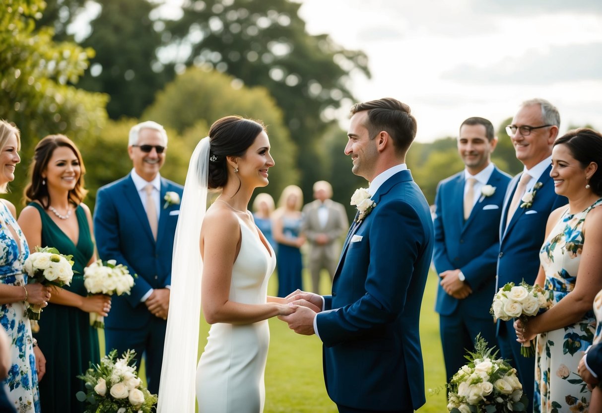 A couple stands facing each other, surrounded by friends and family, exchanging vows and rings