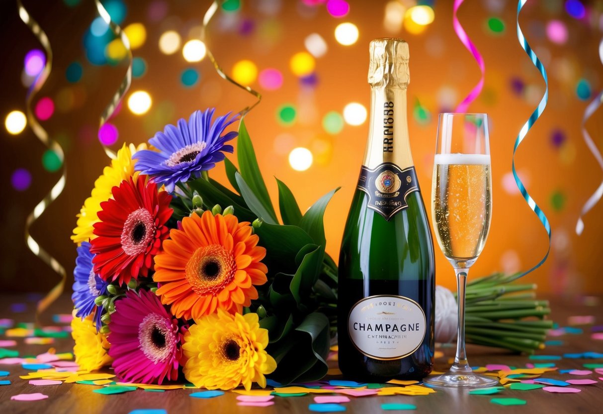A colorful bouquet of flowers and a sparkling champagne bottle surrounded by festive confetti and streamers