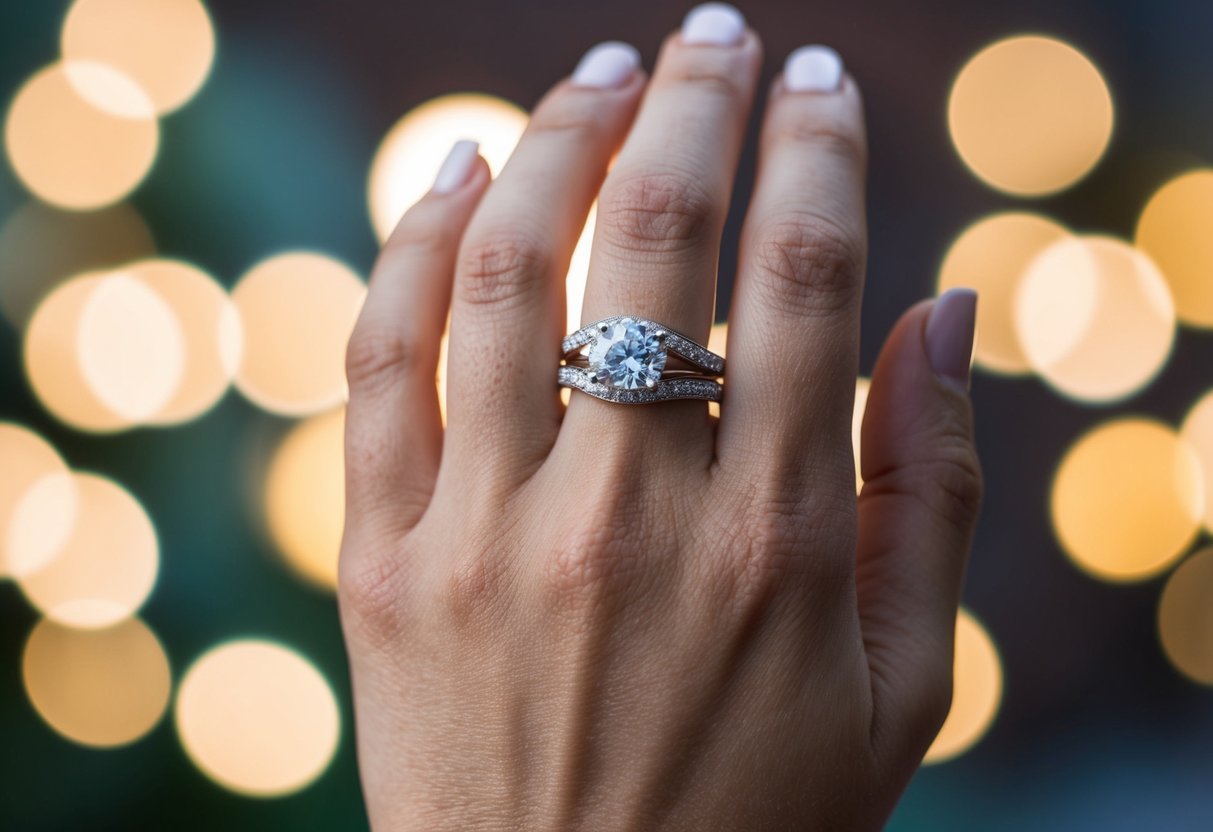 A British wedding ring on a left hand, with a traditional background