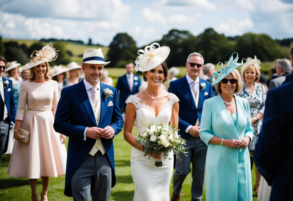 A wedding scene with guests wearing elegant attire, some with hats or fascinators, standing in a picturesque outdoor setting