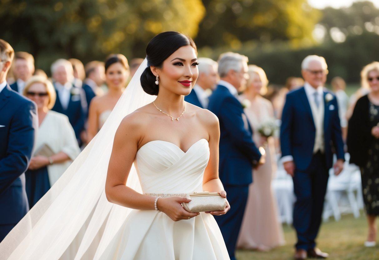 A wedding guest in a flowing gown and sleek hairstyle, holding a small clutch and wearing delicate jewelry
