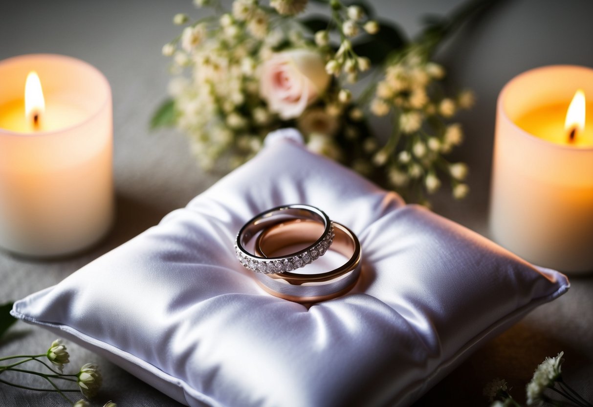A pair of entwined wedding rings on a satin pillow, surrounded by delicate flowers and soft candlelight
