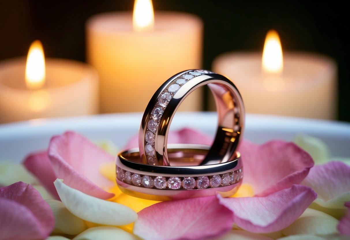A pair of entwined wedding rings resting on a bed of fresh rose petals, illuminated by soft candlelight