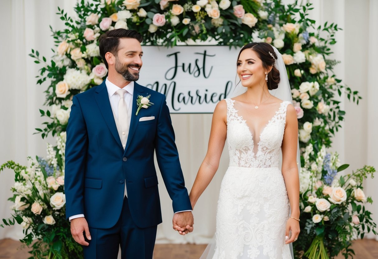 A newlywed couple standing side by side, holding hands, with smiles on their faces. They are surrounded by a beautiful floral arrangement and a sign that reads "Just Married."