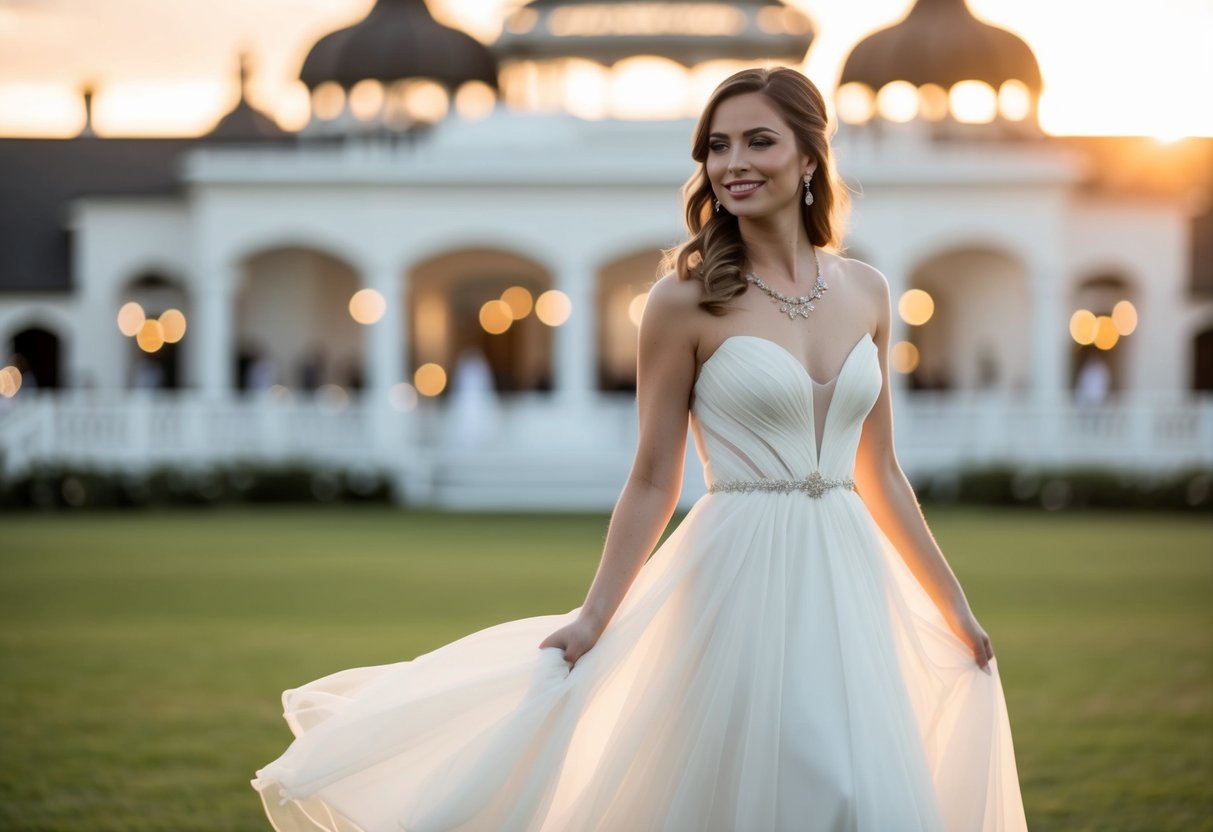 A wedding guest in a flowing gown, adorned with delicate jewelry, standing in front of a grand venue at sunset