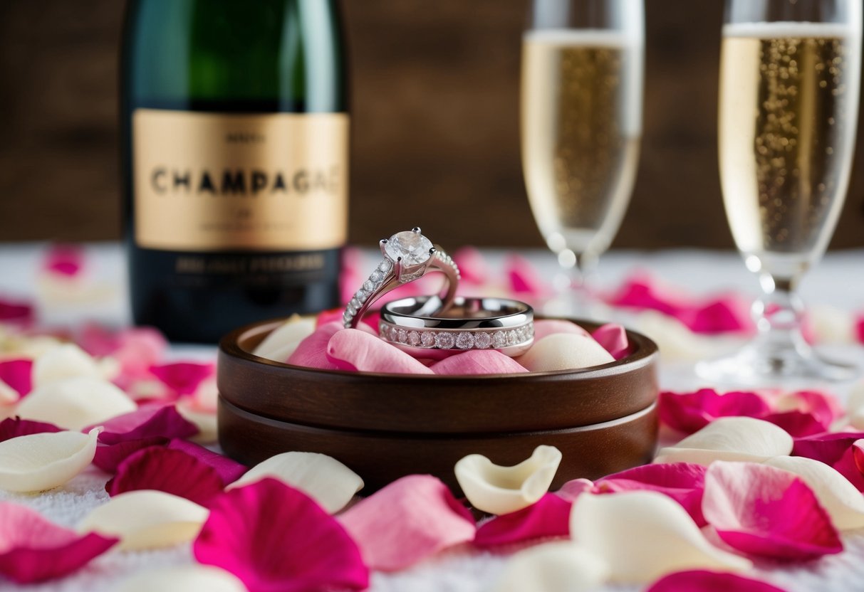 A pair of wedding rings placed on a bed of rose petals, with a bottle of champagne and two glasses nearby