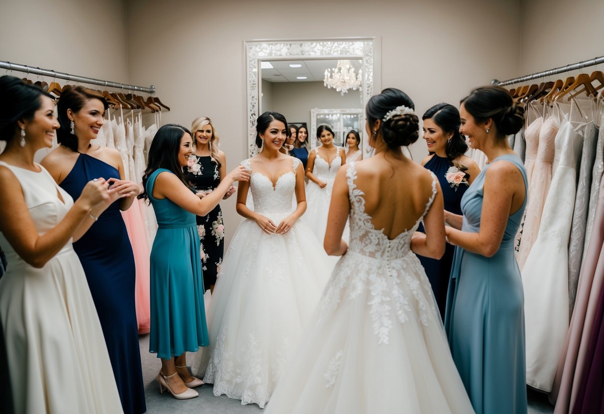 A bride trying on wedding dresses in a boutique with a mirror and rows of gowns.