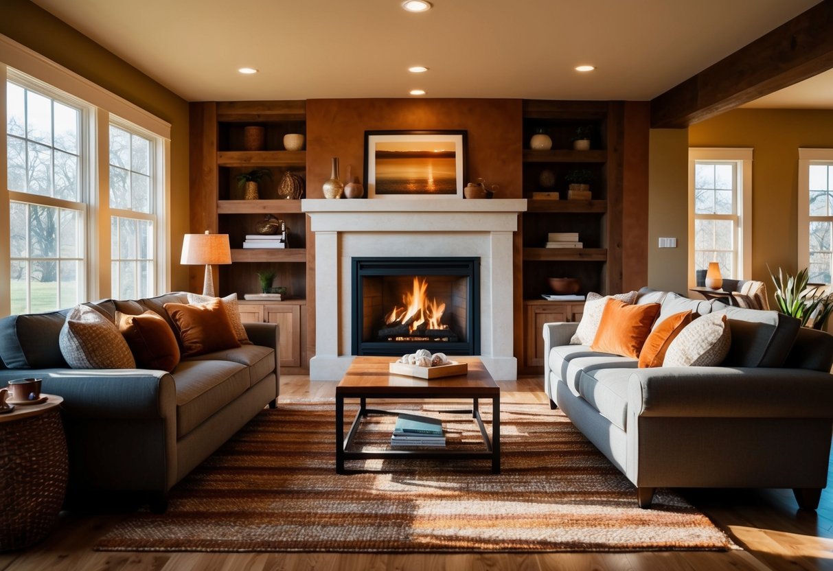 A cozy, sunlit living room with a roaring fire and rich, earthy tones